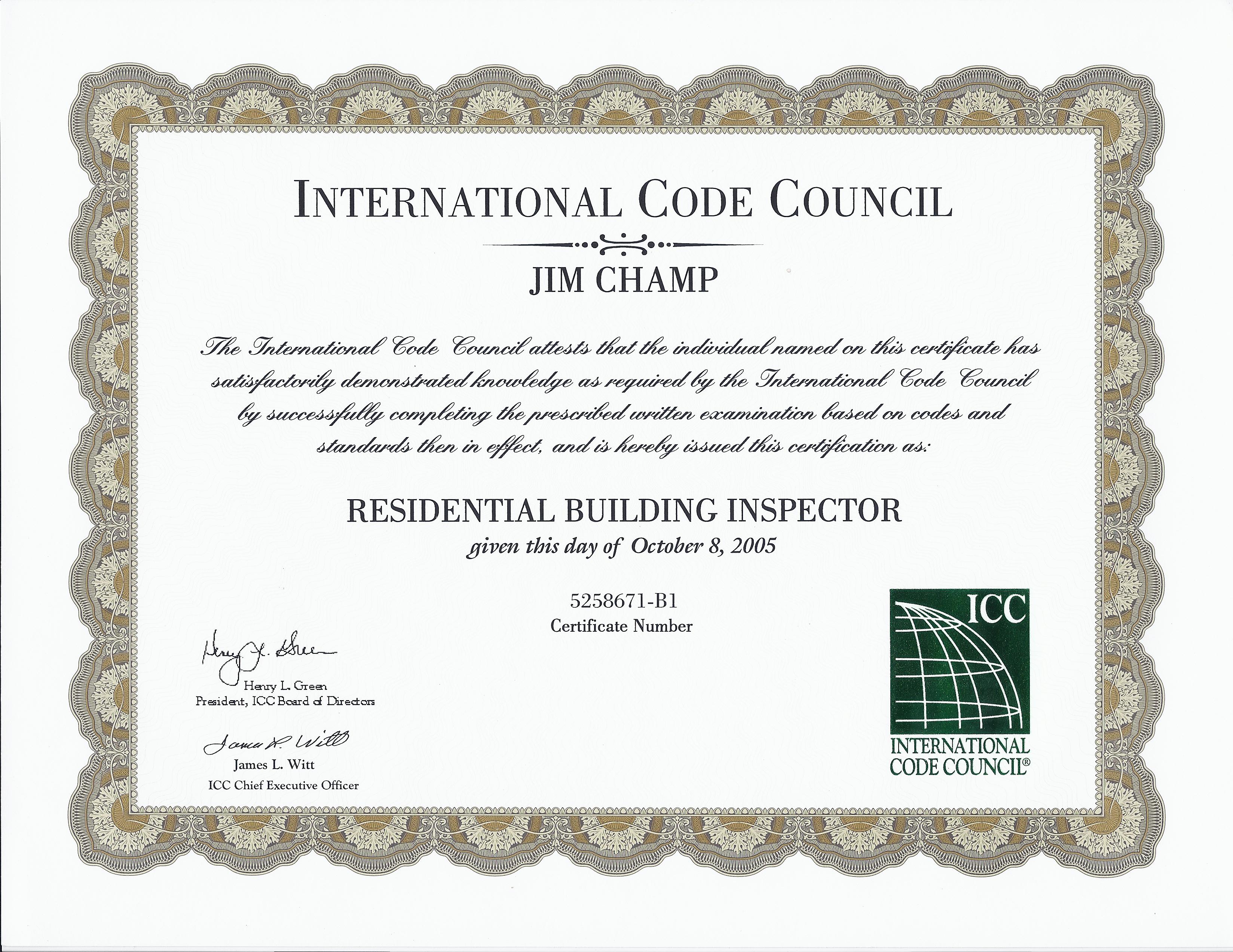 Residential Building Inspector Certificate Champ Home Inspections